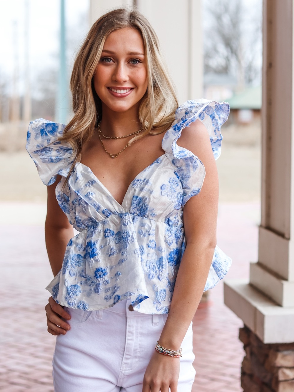 Boutique Blue Floral Ruffle Sleeve Peplum Top